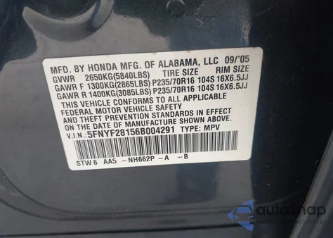 2006 Honda Pilot Lx z USA, uszkodzony, nr VIN 5FNYF28156B004291